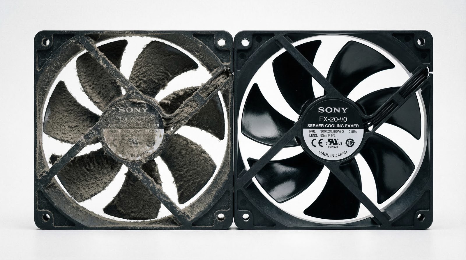 Serverlüfter vor und nach der technischen Reinigung — links verstaubt, rechts sauber